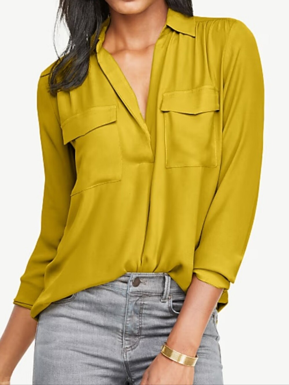 LOFT Yellow Mustard Camp Shirt Roll Tab Sleeves Pockets Size Medium NEW